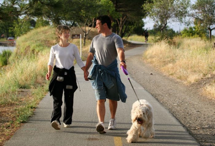 Любящие мужчина и женщина гуляют по парку с собакой