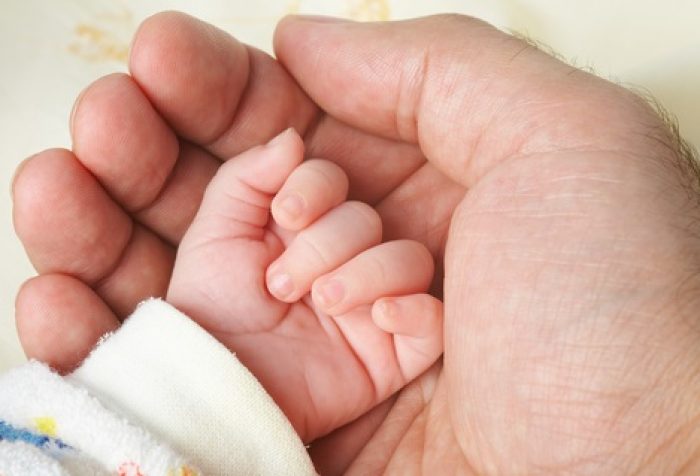 Кулачок новорожденного в руке взрослого